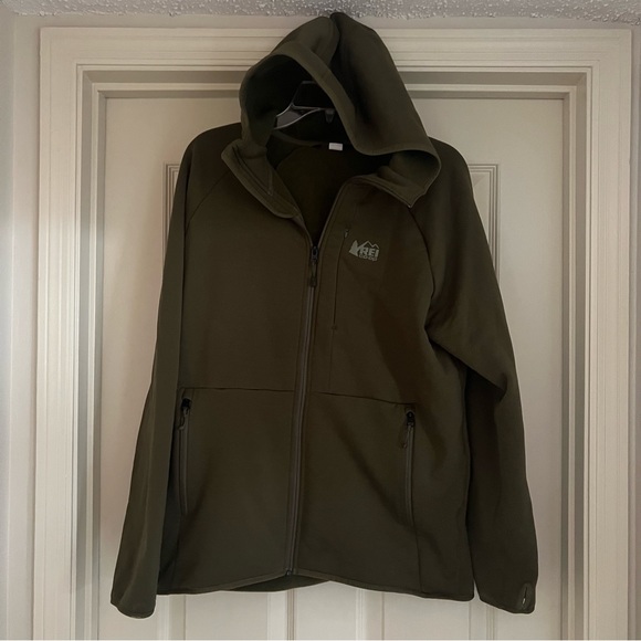 REI Co-Op Hoodie Men Large Olive Green Full Zip Outdoor Hiking Camping Pockets - Picture 1 of 6